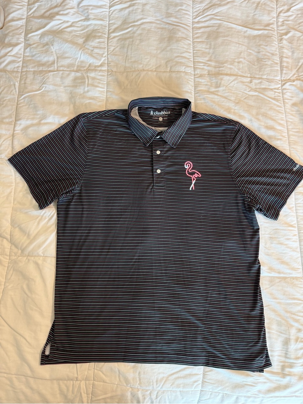 chubbies Black Striped Polo with Pink Flamingo Logo